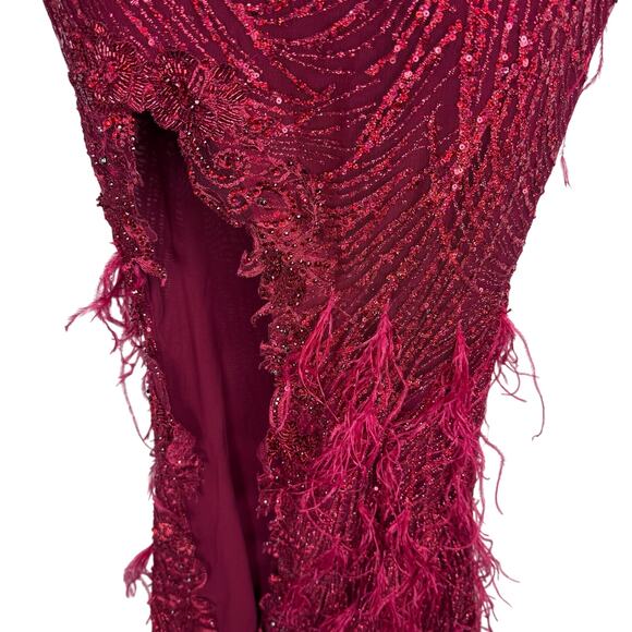 PORTIA AND SCARLETT Red Glitter Feather Gown Dress with Train PS21228 Size - Picture 12 of 13